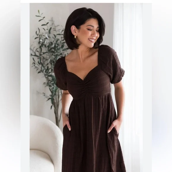 Brown Plaid Midi Dress Puff Sleeves, smoked back, sweetheart neckline - Picture 3 of 5